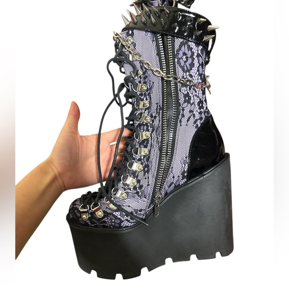 Dolls Kill Black and Purple Haunted Traitor Lace Boots - Picture 5 of 11